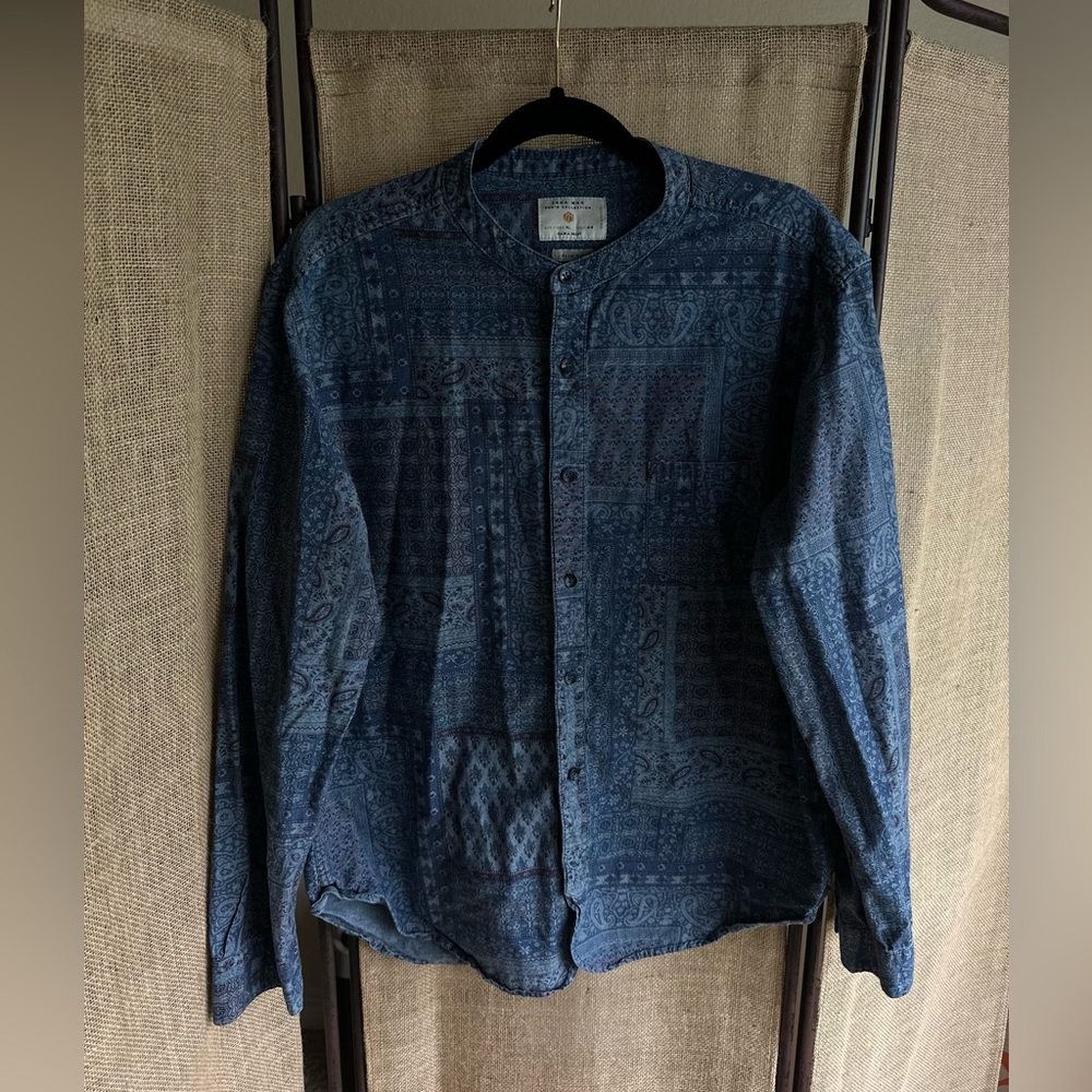 Zara - XL - Mandarin Collar - Button Down Long Sleeve - Paisley - Blue - Purple